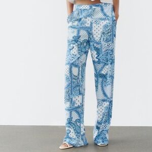 ZARA Paisley Printed Wide Leg Pants Rustic Blue White Boho SIZE M